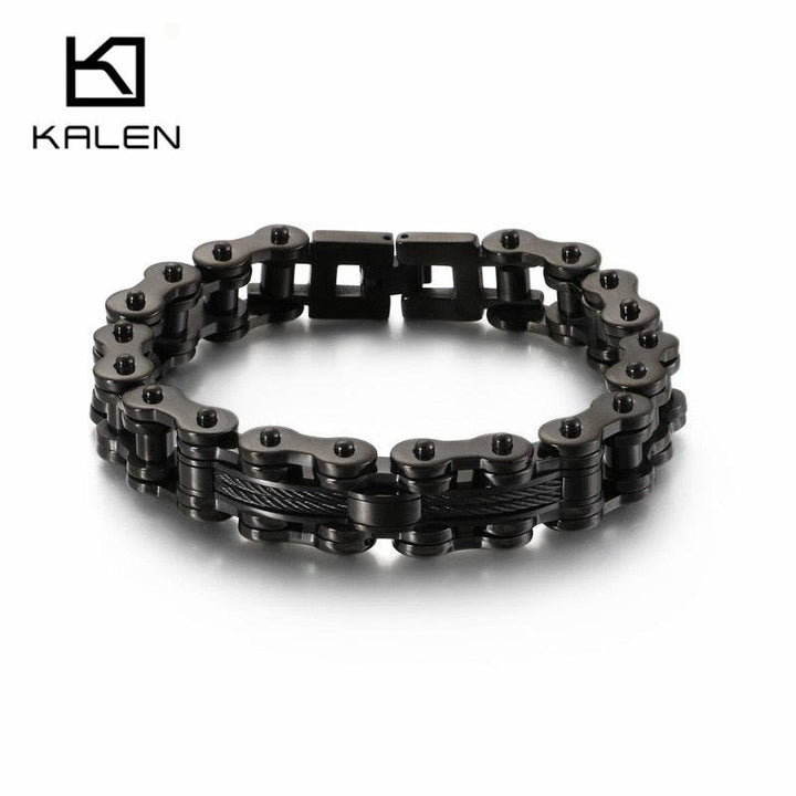 KALEN Bulgaria Bike Chain Bracelet Men Biker 22cm Stainless Steel Black Cable Wire Charm Armband Masculine Jewelry.