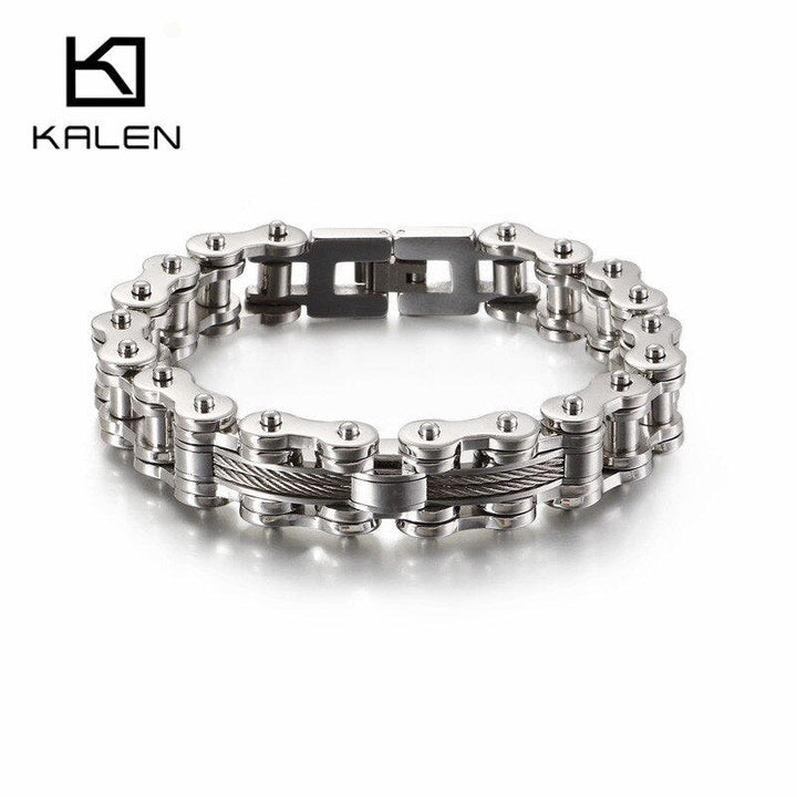 KALEN Bulgaria Bike Chain Bracelet Men Biker 22cm Stainless Steel Black Cable Wire Charm Armband Masculine Jewelry.