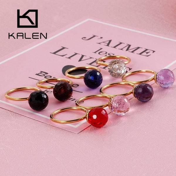 KALEN Bohemia Colourful Crystal Beads Rings For Women Gold Color Stainless Steel Elegant Femme Anillos Wedding Bands Jewelry.