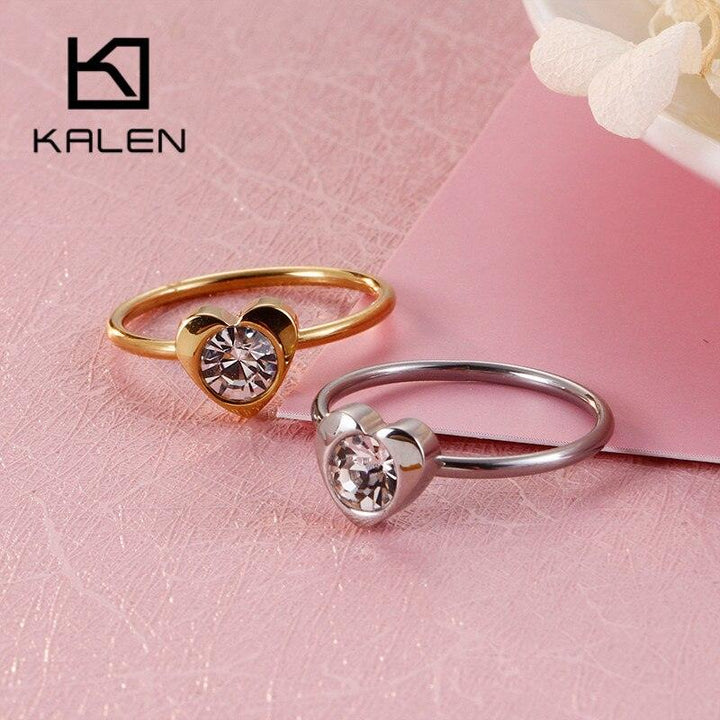 KALEN Bohemia Heart Romantic Rings For Women MINI Round Stainless Steel Clear Zircon Rings Wedding Bands Engagement Jewelry.