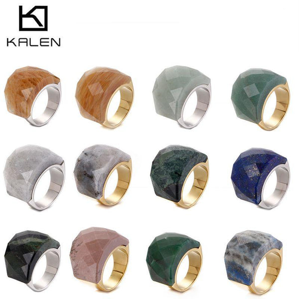 KALEN Bohemian Colorful Natural Stone Rings Women Stainless Steel Indian Gold  Finger Bague Female Jewelry Size 6-9.