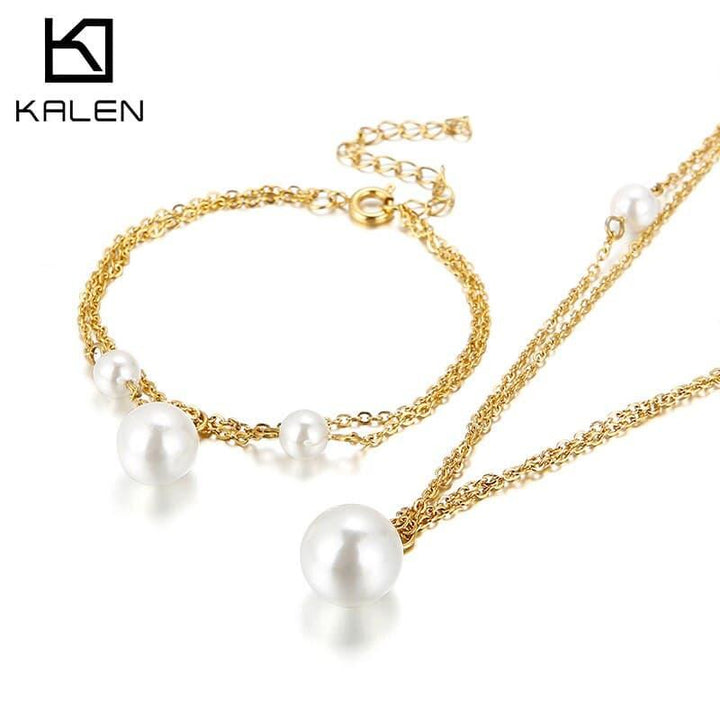 Kalen Bohemian Style Ladies Jewelry Set Pearl Accessory Bracelet Necklace Holiday Gift.