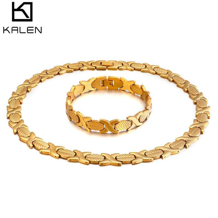 KALEN Bridal Jewelry Sets Wedding Jewelry Stainless Steel Bohemia Leaves Bracelet &amp; Necklace Set Tri-Color X Choker Women Gifts.