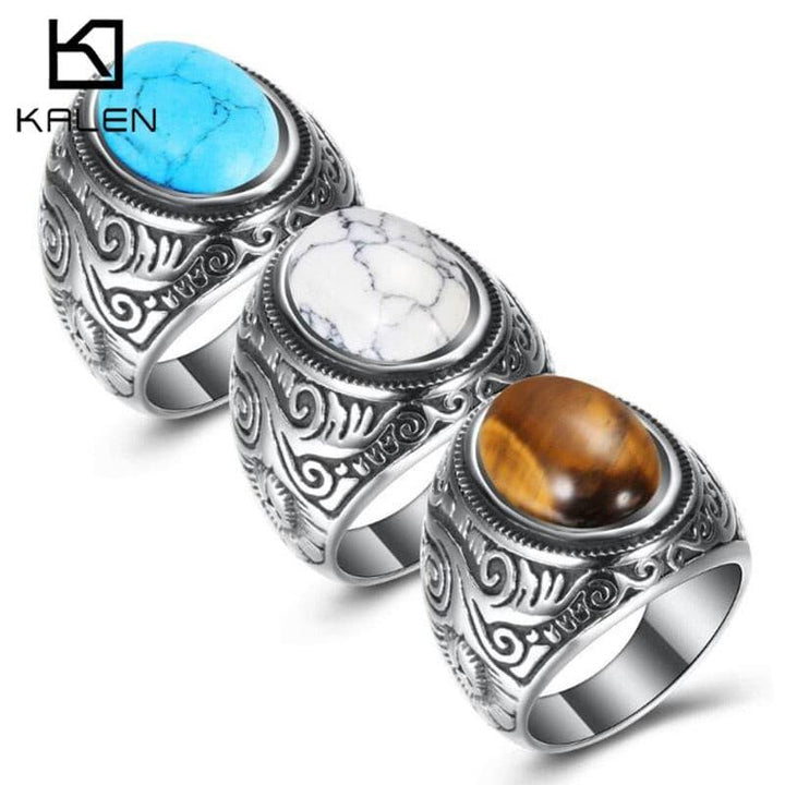 Kalen Charm Men's Ring 6mm Wide Carved Pattern Stainless Steel Exotic Party Jewelry.