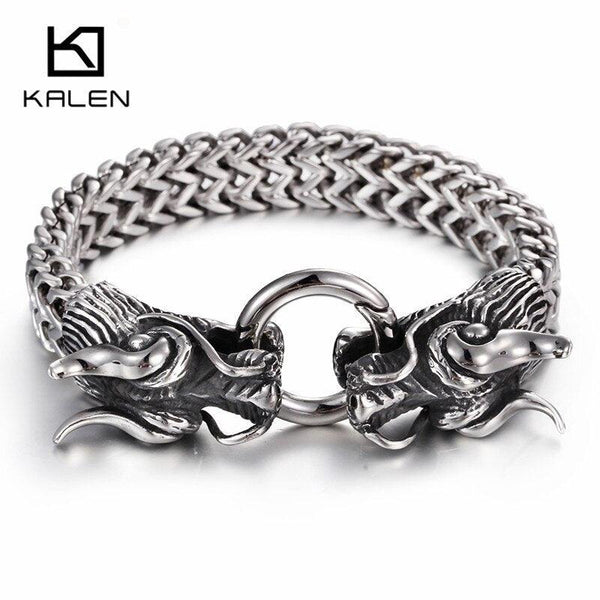 KALEN Chinese Dragon Head Charm Bracelets For Men 316 Stainless Steel High Polished  Curb Chain Bracelet Jewelry.