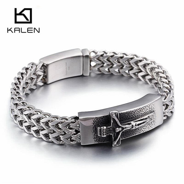 Kalen Classic Christian Jesus Cross Charm Bracelets On Hand  For Men Stainless Steel Mesh Chain Link  Armband Prayer Jewelry.