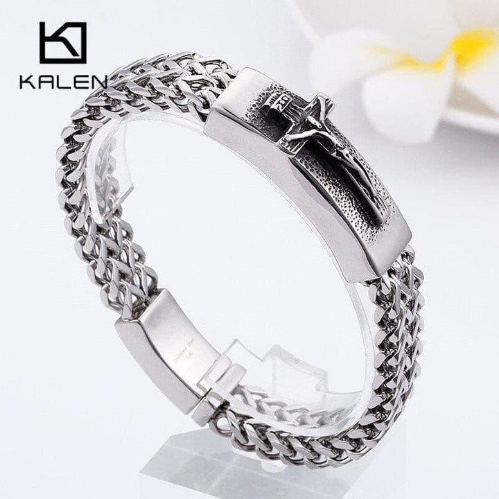 Kalen Classic Christian Jesus Cross Charm Bracelets On Hand  For Men Stainless Steel Mesh Chain Link  Armband Prayer Jewelry.