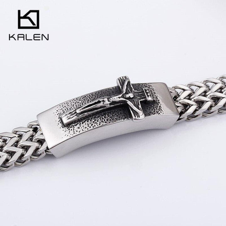 Kalen Classic Christian Jesus Cross Charm Bracelets On Hand  For Men Stainless Steel Mesh Chain Link  Armband Prayer Jewelry.