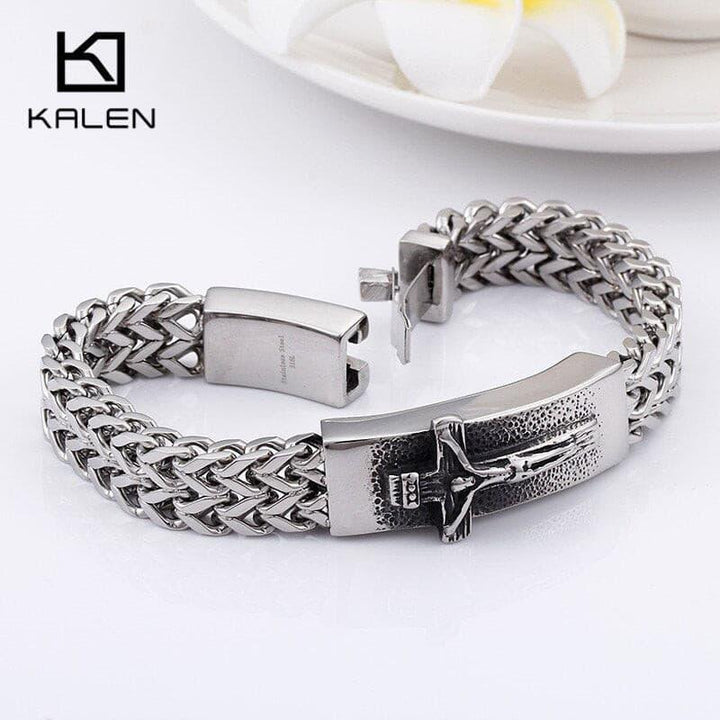 Kalen Classic Christian Jesus Cross Charm Bracelets On Hand  For Men Stainless Steel Mesh Chain Link  Armband Prayer Jewelry.