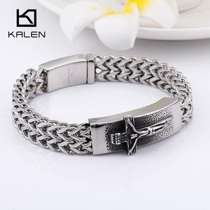 Kalen Classic Christian Jesus Cross Charm Bracelets On Hand  For Men Stainless Steel Mesh Chain Link  Armband Prayer Jewelry.