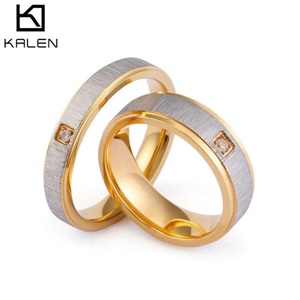 KALEN Couple Rings Gold Shiny Stainless Steel Rhinestone Anillos Color Brushed Wedding Bands Women Man Engagement Jewelry Gifts.