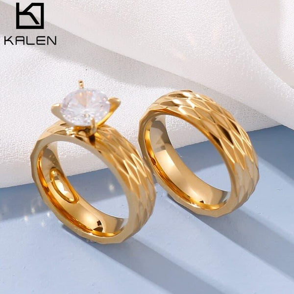 Kalen Couple Rings - Women Exquisite Rhinestones Zirconia Rings Set Simple Stainless Steel Men Ring Fashion Jewelry For Lover.