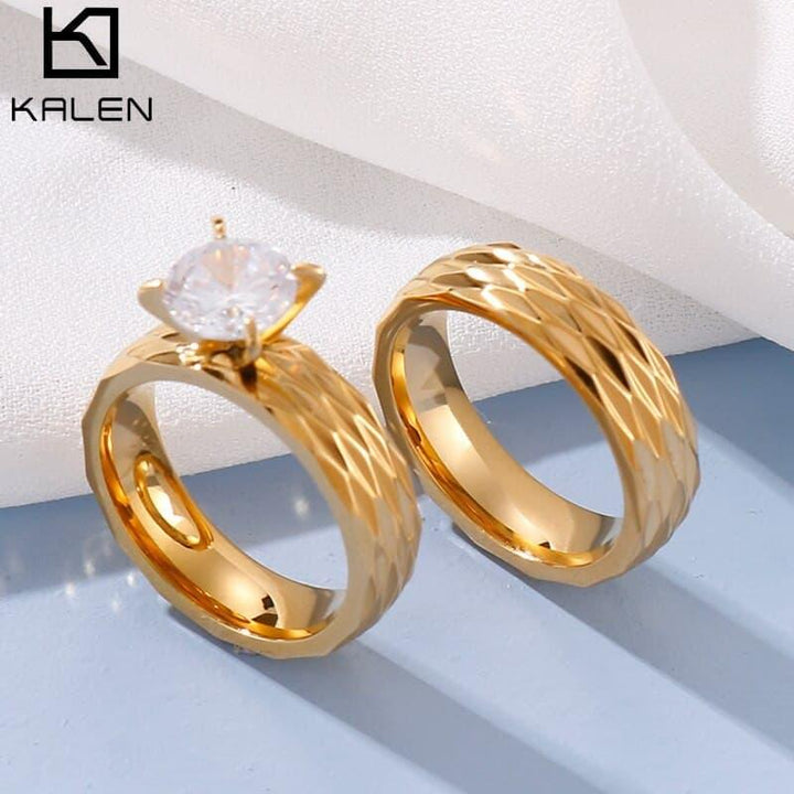 Kalen Couple Rings - Women Exquisite Rhinestones Zirconia Rings Set Simple Stainless Steel Men Ring Fashion Jewelry For Lover.