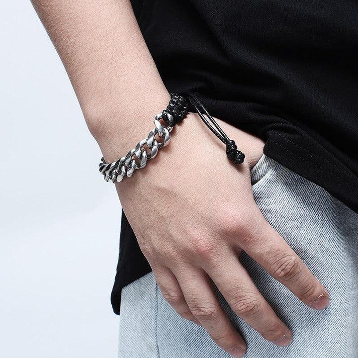 KALEN Cowhide Leather 13mm Stainless Steel Rope Link Chain Bracelet for Men - kalen