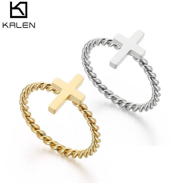 Kalen Cross Ring For Women Party Jewelry Girl Trendy Stainless Steel Finger Ring Silver Gold Color Cross Rings for Women.