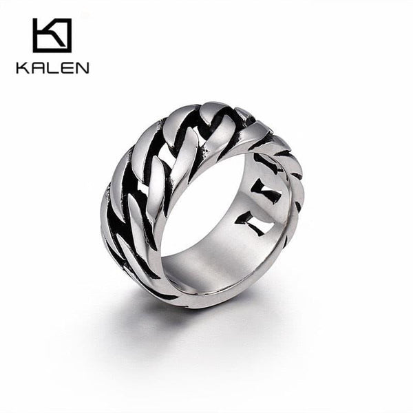 KALEN  Cuban Link Chain Ring Men Size 8-12 Stainless Steel High Polished 10mm Chain Link Finger Rings Cheap Biker Jewelry.