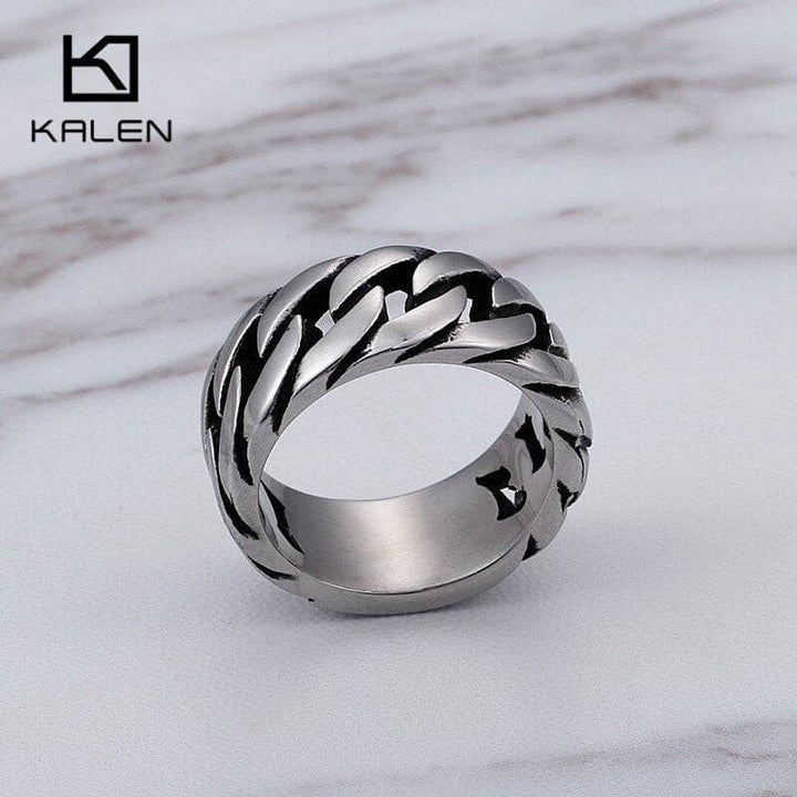 KALEN  Cuban Link Chain Ring Men Size 8-12 Stainless Steel High Polished 10mm Chain Link Finger Rings Cheap Biker Jewelry.