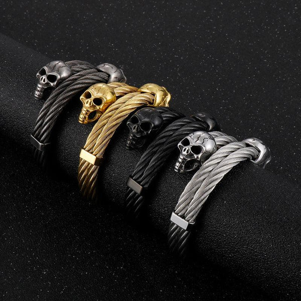 KALEN Double 6mm Twisted Cable Skull Charm Cuff Bracelet Bangles for Men - kalen