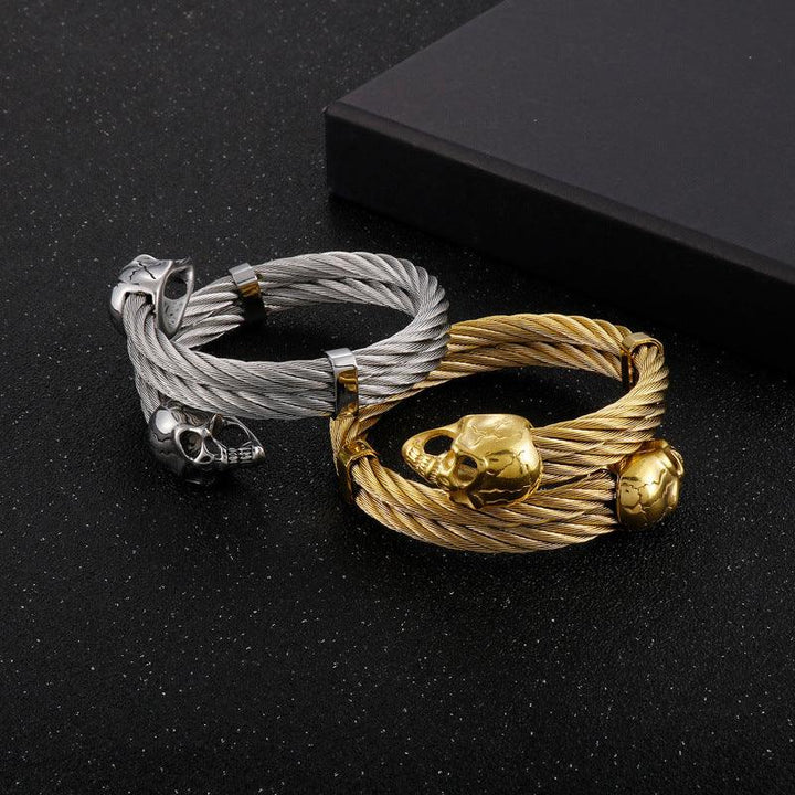 KALEN Double 6mm Twisted Cable Skull Charm Cuff Bracelet Bangles for Men - kalen