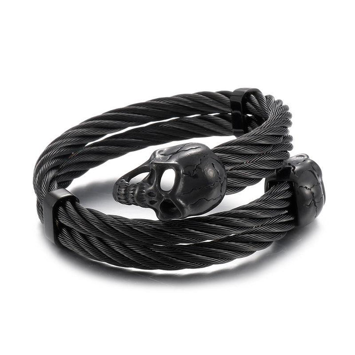 KALEN Double 6mm Twisted Cable Skull Charm Cuff Bracelet Bangles for Men - kalen