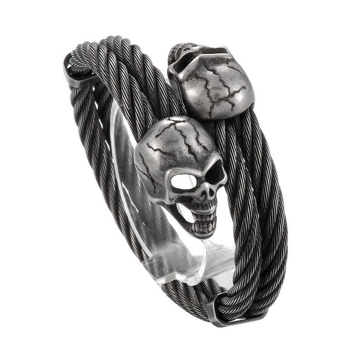 KALEN Double 6mm Twisted Cable Skull Charm Cuff Bracelet Bangles for Men - kalen