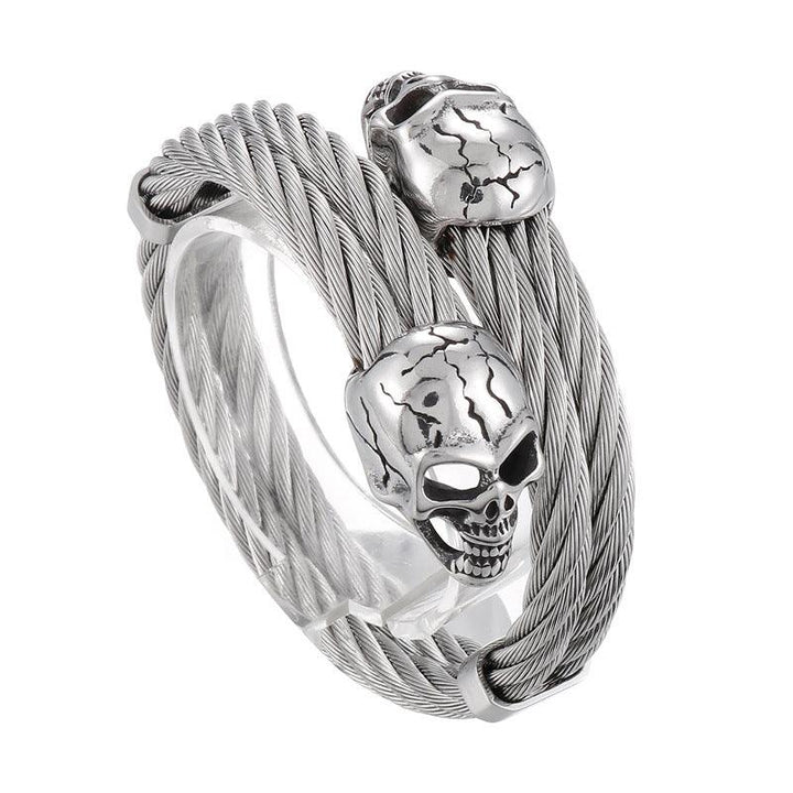 KALEN Double 6mm Twisted Cable Skull Charm Cuff Bracelet Bangles for Men - kalen