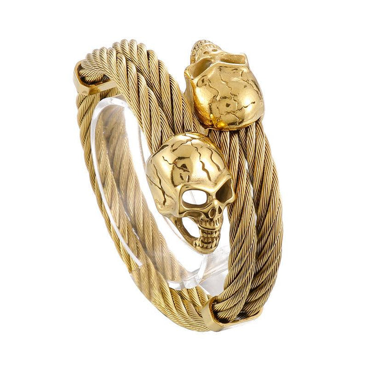 KALEN Double 6mm Twisted Cable Skull Charm Cuff Bracelet Bangles for Men - kalen