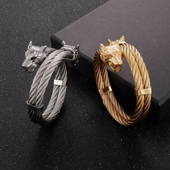 KALEN Wolf Double Layers Braided Steel Wire Four Colors Open Bangles for Men Stainless Steel Men's Bangles Punk Jewelry.