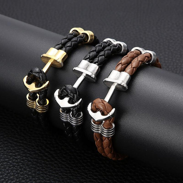 Kalen Double Layer Leather Stainless Steel Anchor Bracelet For Men - kalen
