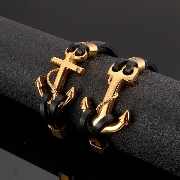 Kalen Double Layer Leather Stainless Steel Anchor Bracelet For Men - kalen