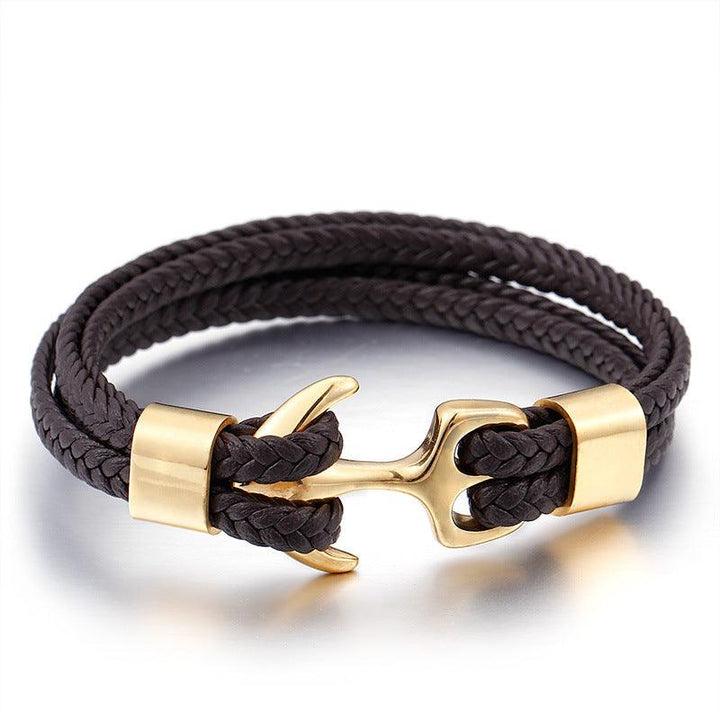 Kalen Double Layer Leather Stainless Steel Anchor Bracelet For Men - kalen