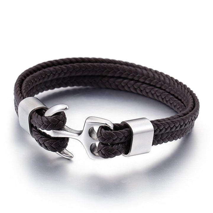 Kalen Double Layer Leather Stainless Steel Anchor Bracelet For Men - kalen