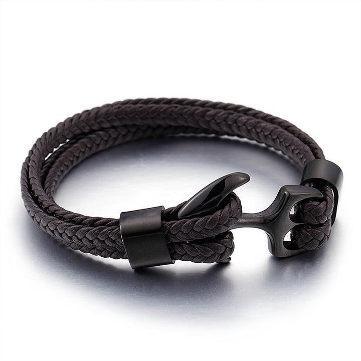 Kalen Double Layer Leather Stainless Steel Anchor Bracelet For Men - kalen