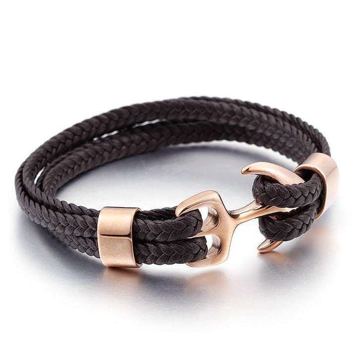 Kalen Double Layer Leather Stainless Steel Anchor Bracelet For Men - kalen