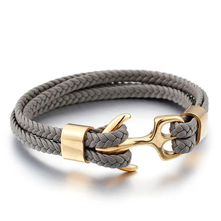 Kalen Double Layer Leather Stainless Steel Anchor Bracelet For Men - kalen