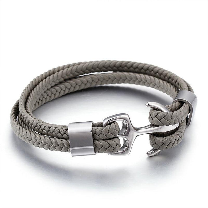 Kalen Double Layer Leather Stainless Steel Anchor Bracelet For Men - kalen