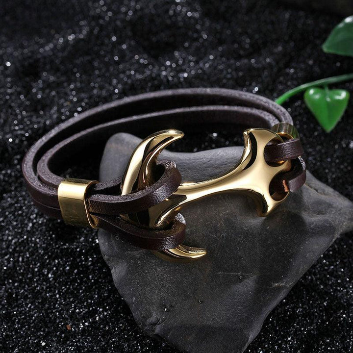 Kalen Double Layer Leather Stainless Steel Anchor Bracelet For Men - kalen