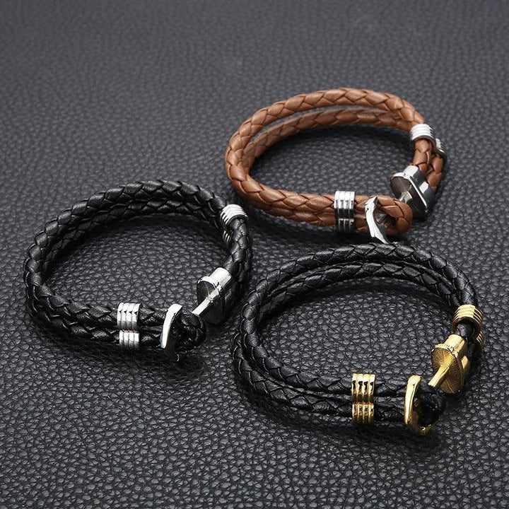 Kalen Double Layer Leather Stainless Steel Anchor Bracelet For Men - kalen