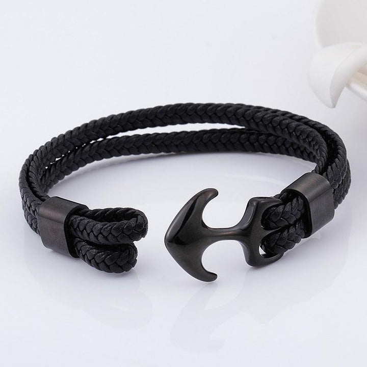 Kalen Double Layer Leather Stainless Steel Anchor Bracelet For Men - kalen