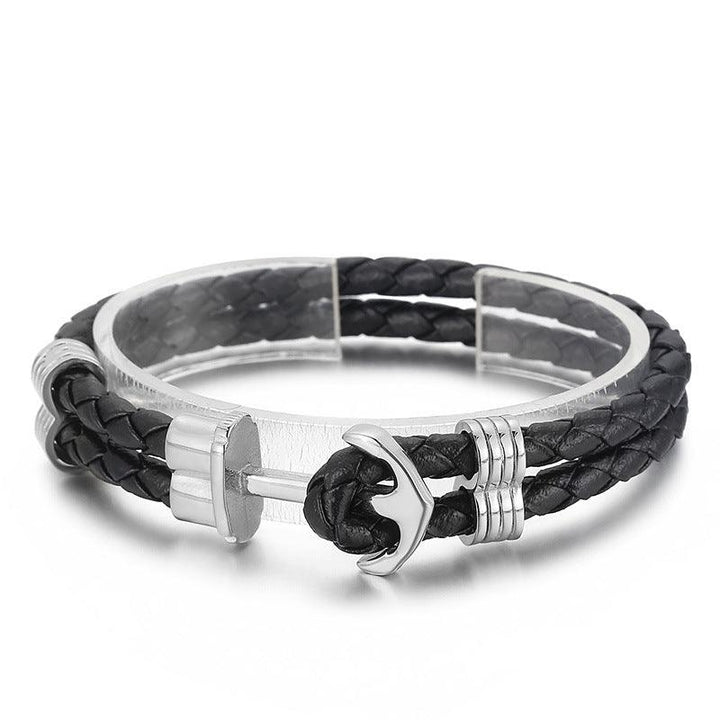 Kalen Double Layer Leather Stainless Steel Anchor Bracelet For Men - kalen