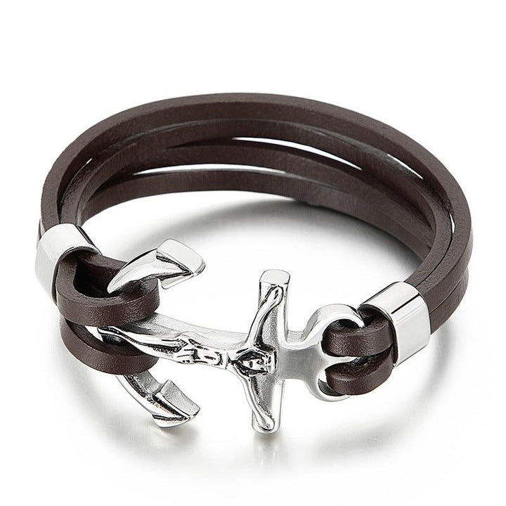 Kalen Double Layer Leather Stainless Steel Anchor Bracelet For Men - kalen