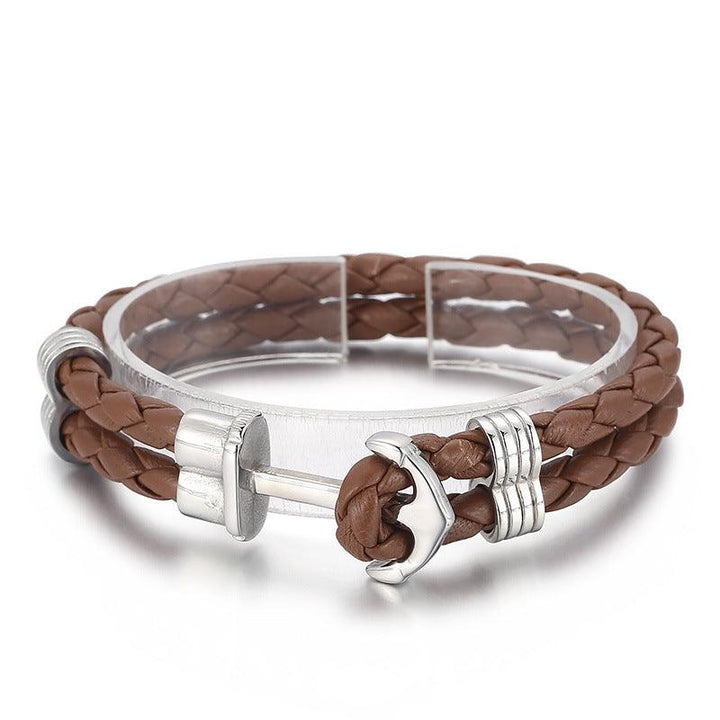 Kalen Double Layer Leather Stainless Steel Anchor Bracelet For Men - kalen