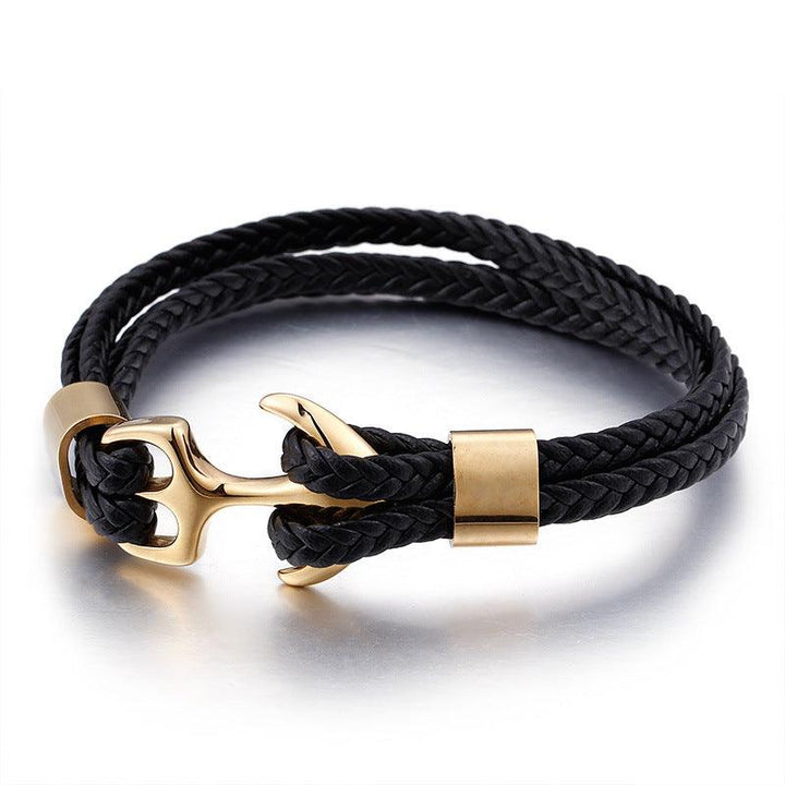 Kalen Double Layer Leather Stainless Steel Anchor Bracelet For Men - kalen