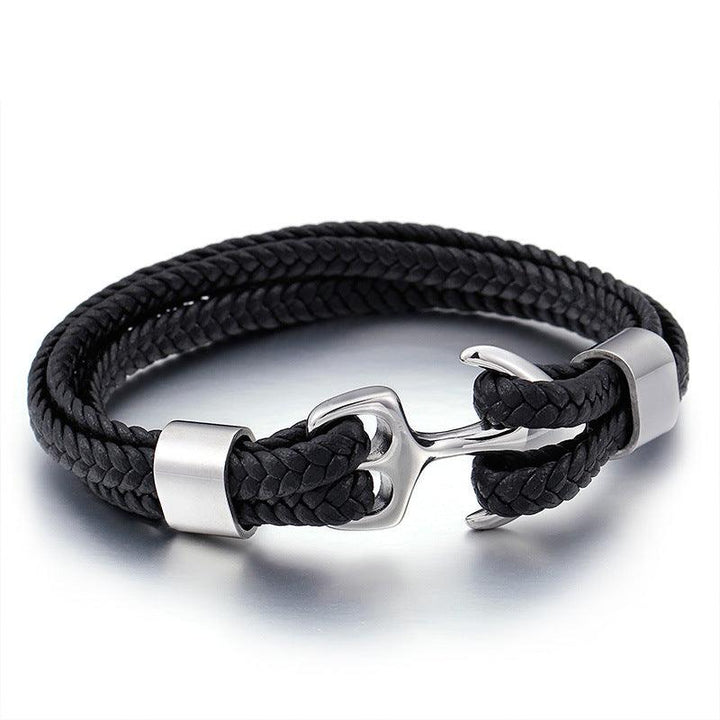 Kalen Double Layer Leather Stainless Steel Anchor Bracelet For Men - kalen