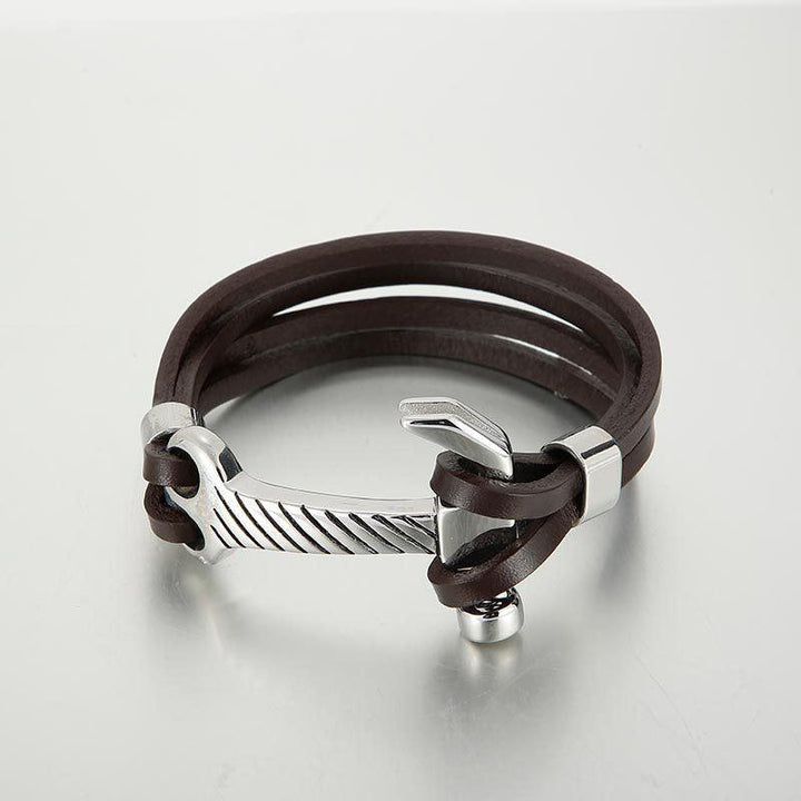 Kalen Double Layer Leather Stainless Steel Anchor Bracelet For Men - kalen