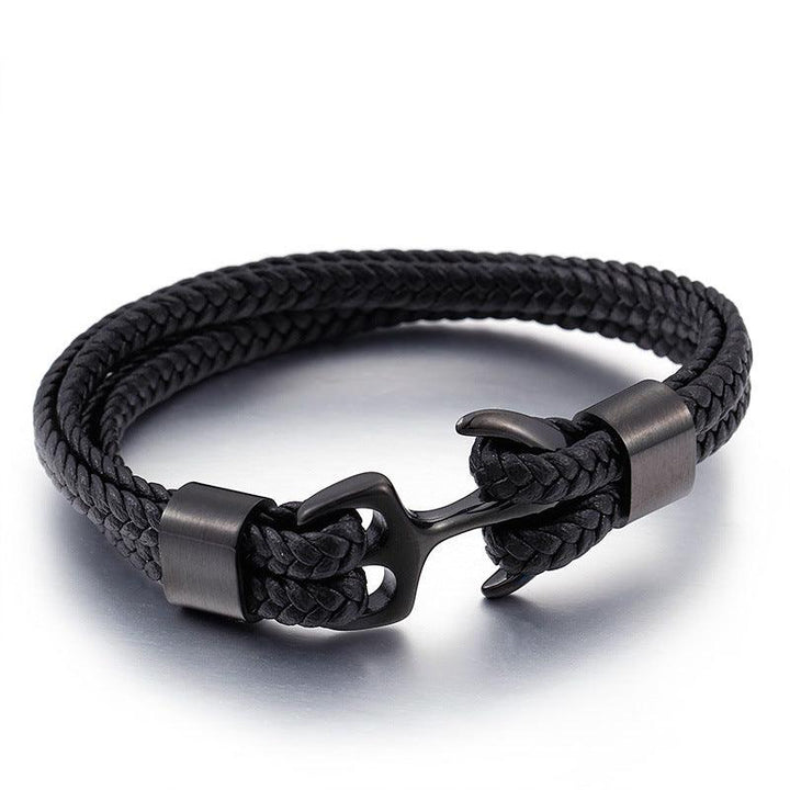 Kalen Double Layer Leather Stainless Steel Anchor Bracelet For Men - kalen