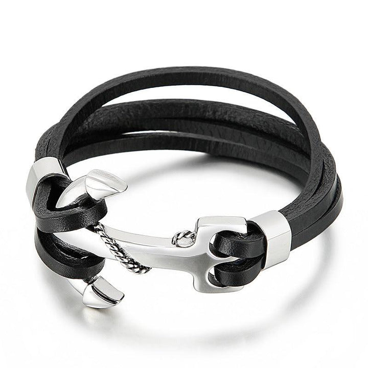 Kalen Double Layer Leather Stainless Steel Anchor Bracelet For Men - kalen