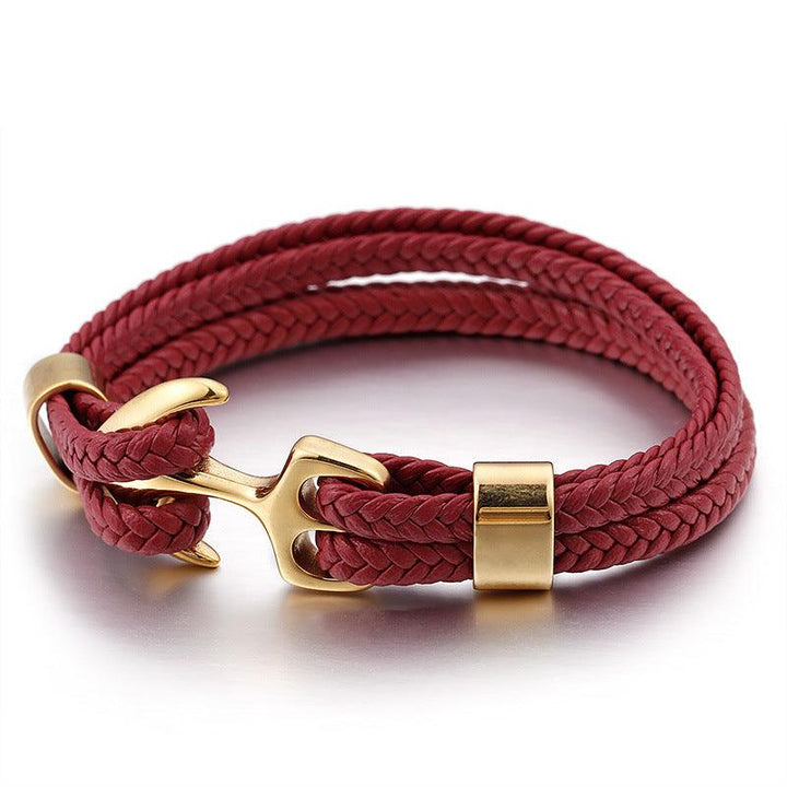 Kalen Double Layer Leather Stainless Steel Anchor Bracelet For Men - kalen