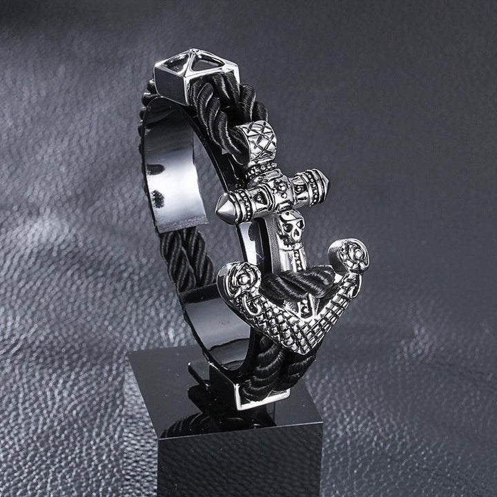 Kalen Double Layer Leather Stainless Steel Anchor Skull Bracelet For Men - kalen