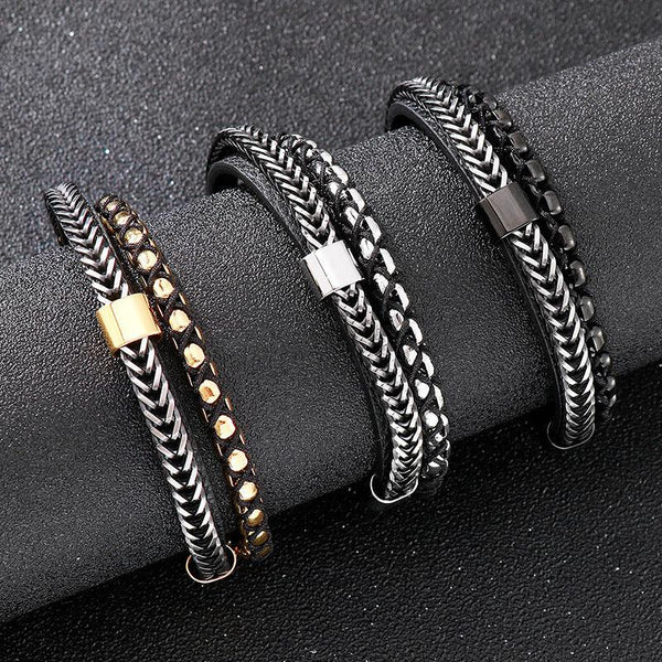 Kalen Double Layer Leather Stainless Steel Bracelet For Men - kalen